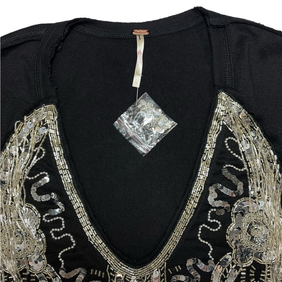 ⚡️SOLD⚡️Free People Mesh Sequin Beaded Fringe Black Long Sleeve Top - Picture 6 of 15